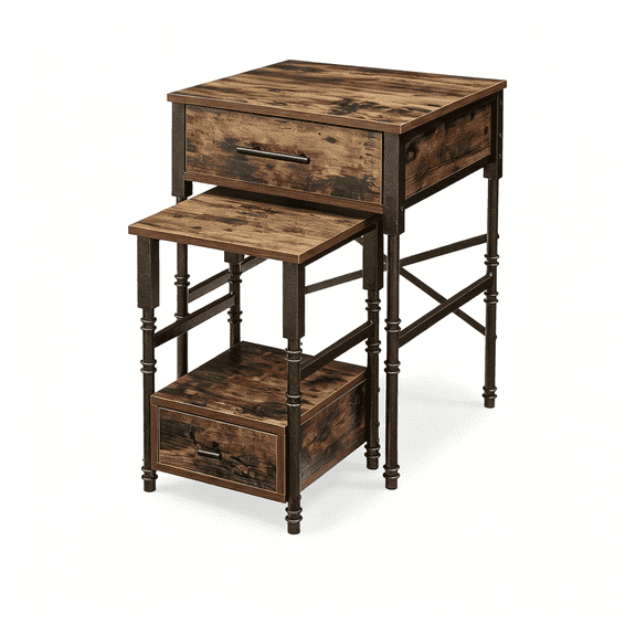 Modern Stackable End Tables with Drawers, Brown Wood Top and Metal Frame, Nesting Side Table Set for Living Room, Bedroom, Sofa