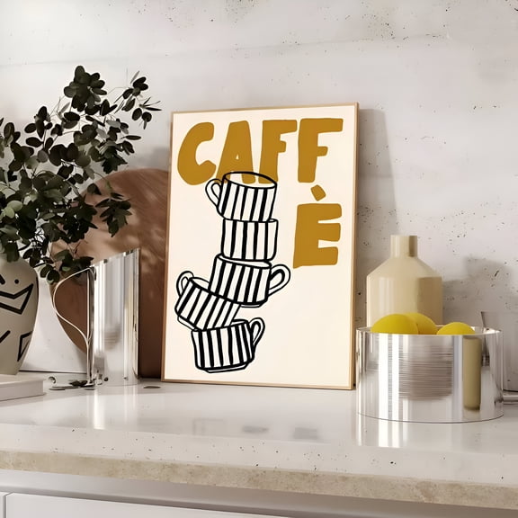 Modern Stacked Coffee Cup Wall Art Poster Black White Stripes Warm Brown Caffe Letters Minimalist Nordic Print for Kitchen Office Café Decor, UNFRAMED 8x12