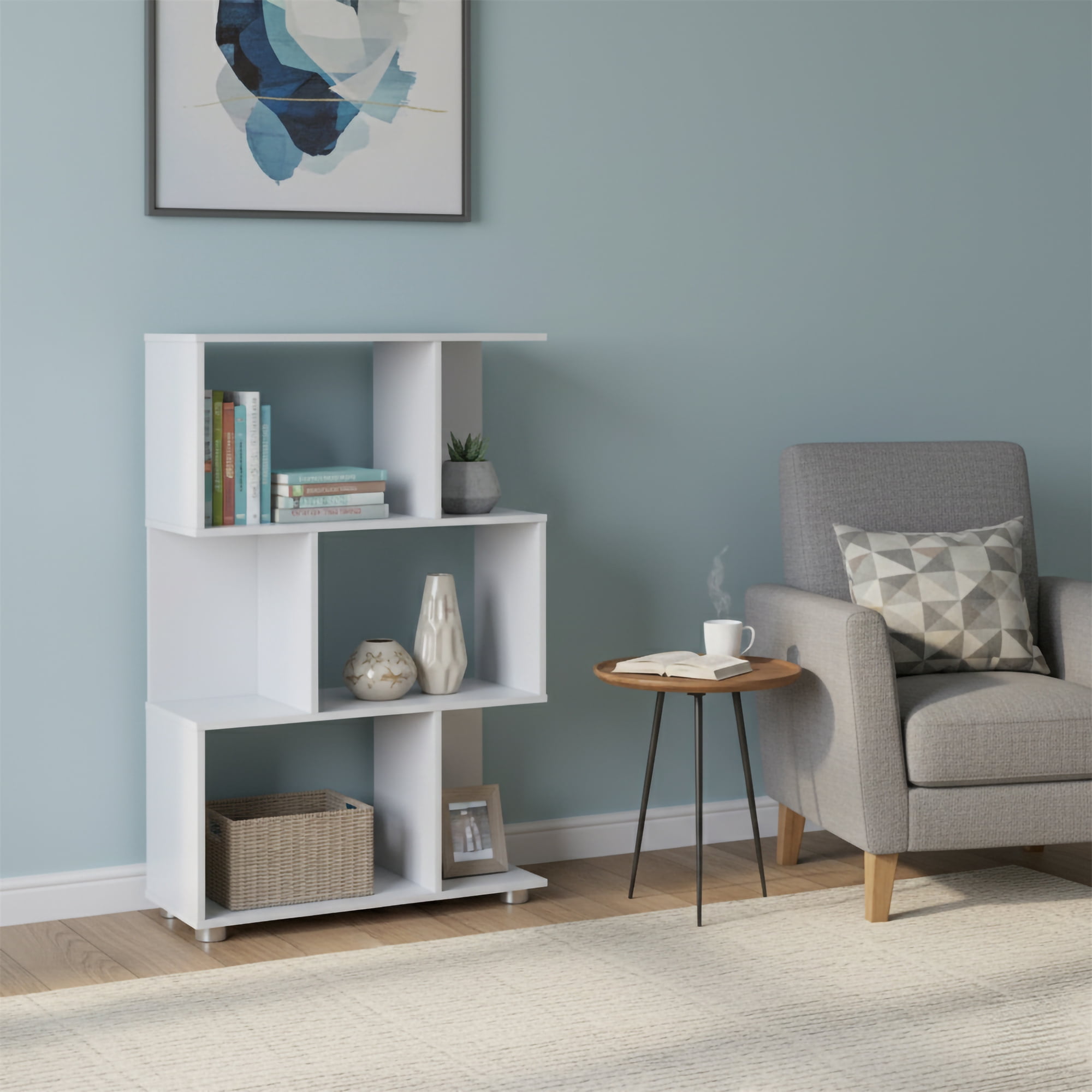 AC Pacific Manor Modern Staggered 3-Shelf Bookcase, White