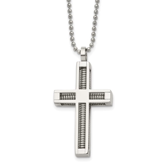 Modern Stainless Steel Cross Pendant Necklace with Ribbed Design and Polished Finish on Ball Chain - Bold Sleek Jewelry with Textured Depth Metallic Sheen Contemporary Elegance Sophisticated Style