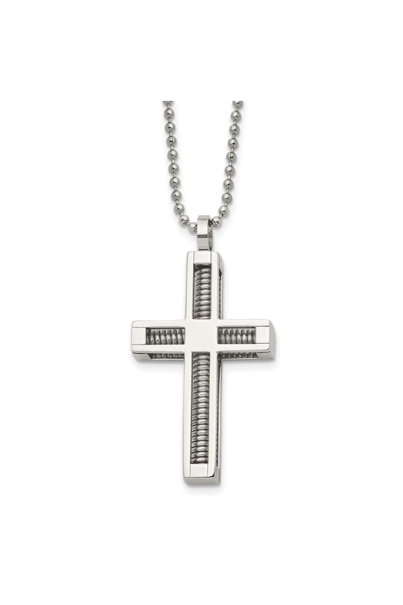Modern Stainless Steel Cross Pendant Necklace with Ribbed Design and Polished Finish on Ball Chain - Bold Sleek Jewelry with Textured Depth Metallic Sheen Contemporary Elegance Sophisticated Style