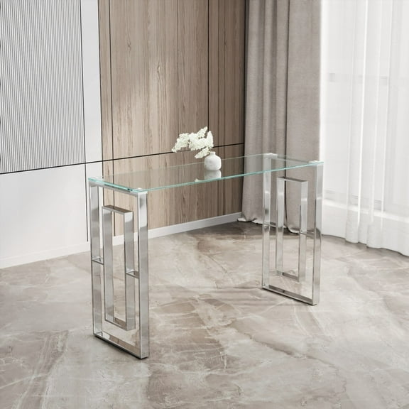 Modern Stainless Steel and Glass Console Table, Clear Glass with Stable Stainless Steel Legs - bs-02