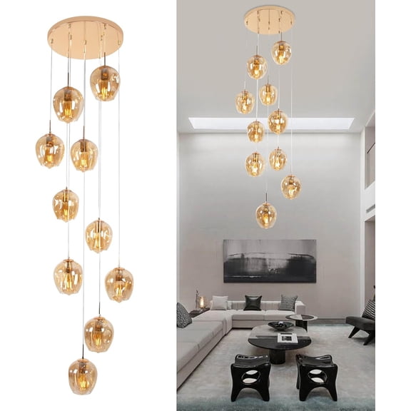 Modern Staircase Chandelier 10-Light High Ceiling Entrance Long Chandelier with Glass Shade Gold for Living Room Stair Entryway Hallway Foyer H78.7''X D15.7''