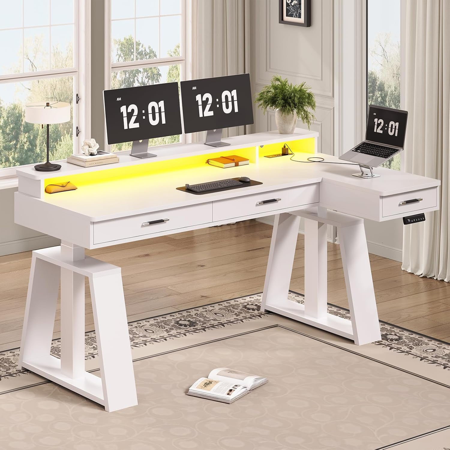 Modern Standing Desk with Drawers, Height Adjustable Computer Desk with Power Outlets, LED Lights & Monitor Stand, Stand Up Corner Gaming Desk, Home Office Desk with Storage, White