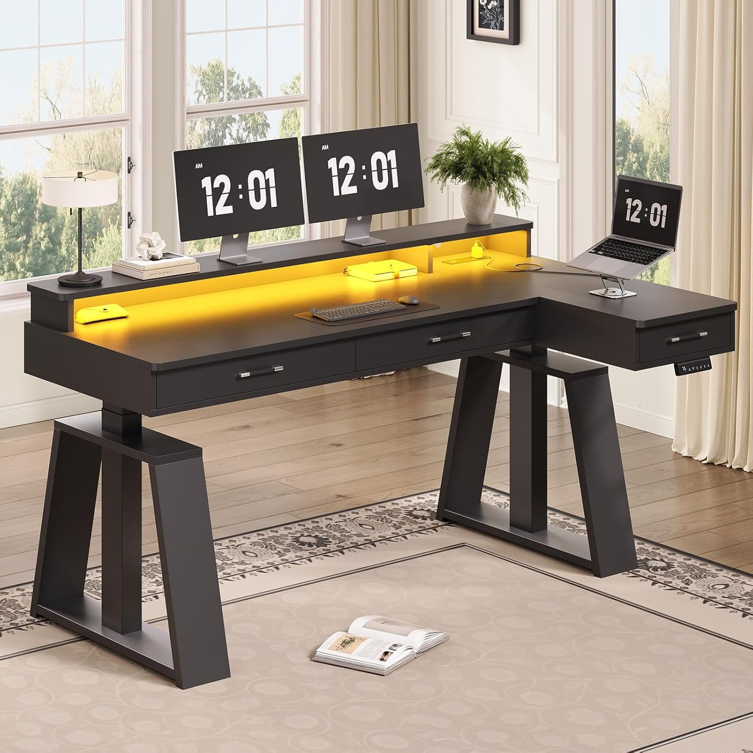 Modern Standing Desk with Drawers, Height Adjustable Computer Desk with Power Outlets, LED Lights & Monitor Stand, Stand Up Corner Gaming Desk, Home Office Desk with Storage, Black