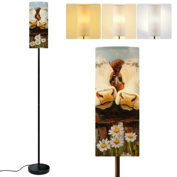 Modern Standing Floor Lamp Couple Cow Love Themed Curious Funny Farm Animal Cows Flowers Wooden Dimmable Metal Pole Lamp with Linen Lampshade for Living Room LED Bulb Included