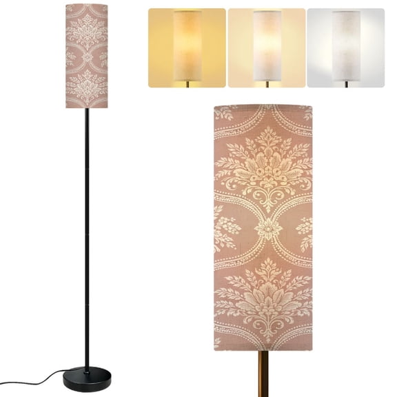 Modern Standing Floor Lamp Elegant Floral Damask Soft Pink Dimmable Metal Pole Lamp with Linen Lampshade for Living Room LED Bulb Included