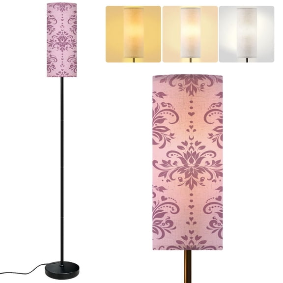 Modern Standing Floor Lamp Floral Damask Hearts Swirls Soft Lavender Pink Tones Dimmable Metal Pole Lamp with Linen Lampshade for Living Room LED Bulb Included