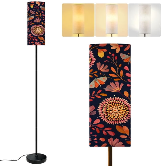 Modern Standing Floor Lamp Floral Garden Vibrant Flowers Butterflies Dark Dimmable Metal Pole Lamp with Linen Lampshade for Living Room LED Bulb Included