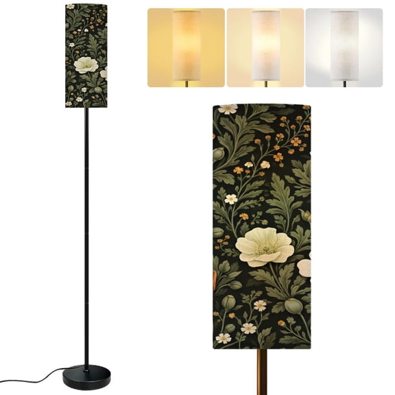 Modern Standing Floor Lamp Floral White Flowers Dark Dimmable Metal Pole Lamp with Linen Lampshade for Living Room LED Bulb Included