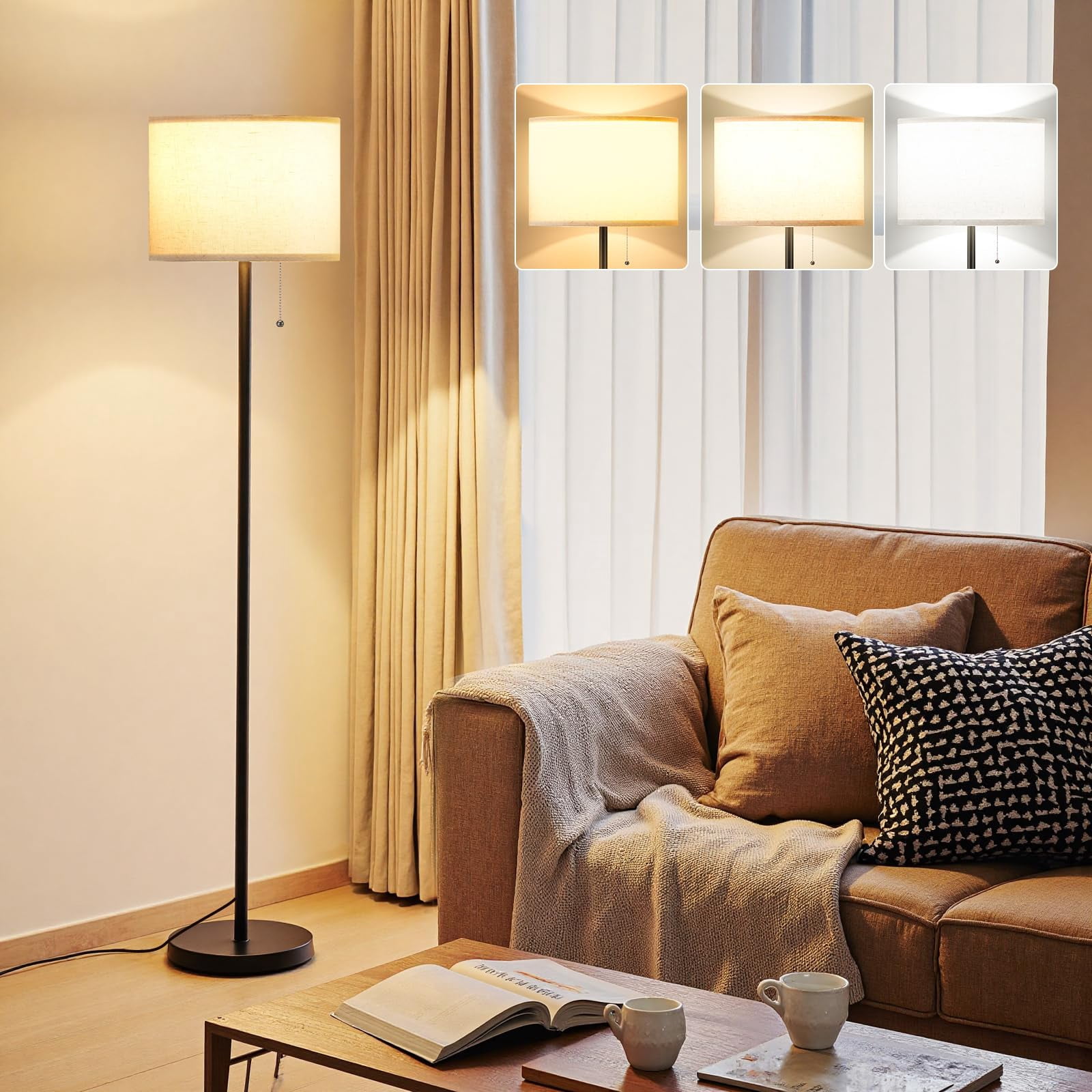 Modern Standing Floor Lamp For Living Room & Bedroom With 3 Color Temperatures Bulb Pull Chain  60" Tall Beige Shade Black Pole