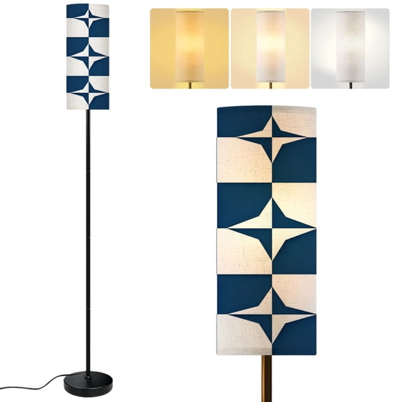 Modern Standing Floor Lamp Geometric Blue White Star Tile Repeating Abstract Squares Dimmable Metal Pole Lamp with Linen Lampshade for Living Room LED Bulb Included