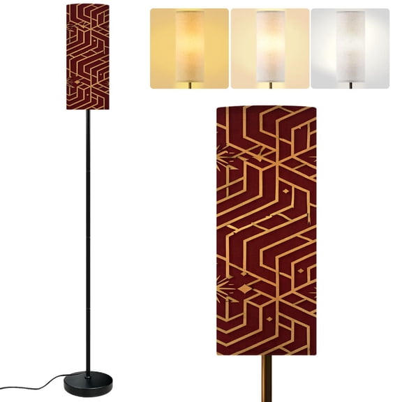 Modern Standing Floor Lamp Geometric Golden Lines Starburst Red Dimmable Metal Pole Lamp with Linen Lampshade for Living Room LED Bulb Included