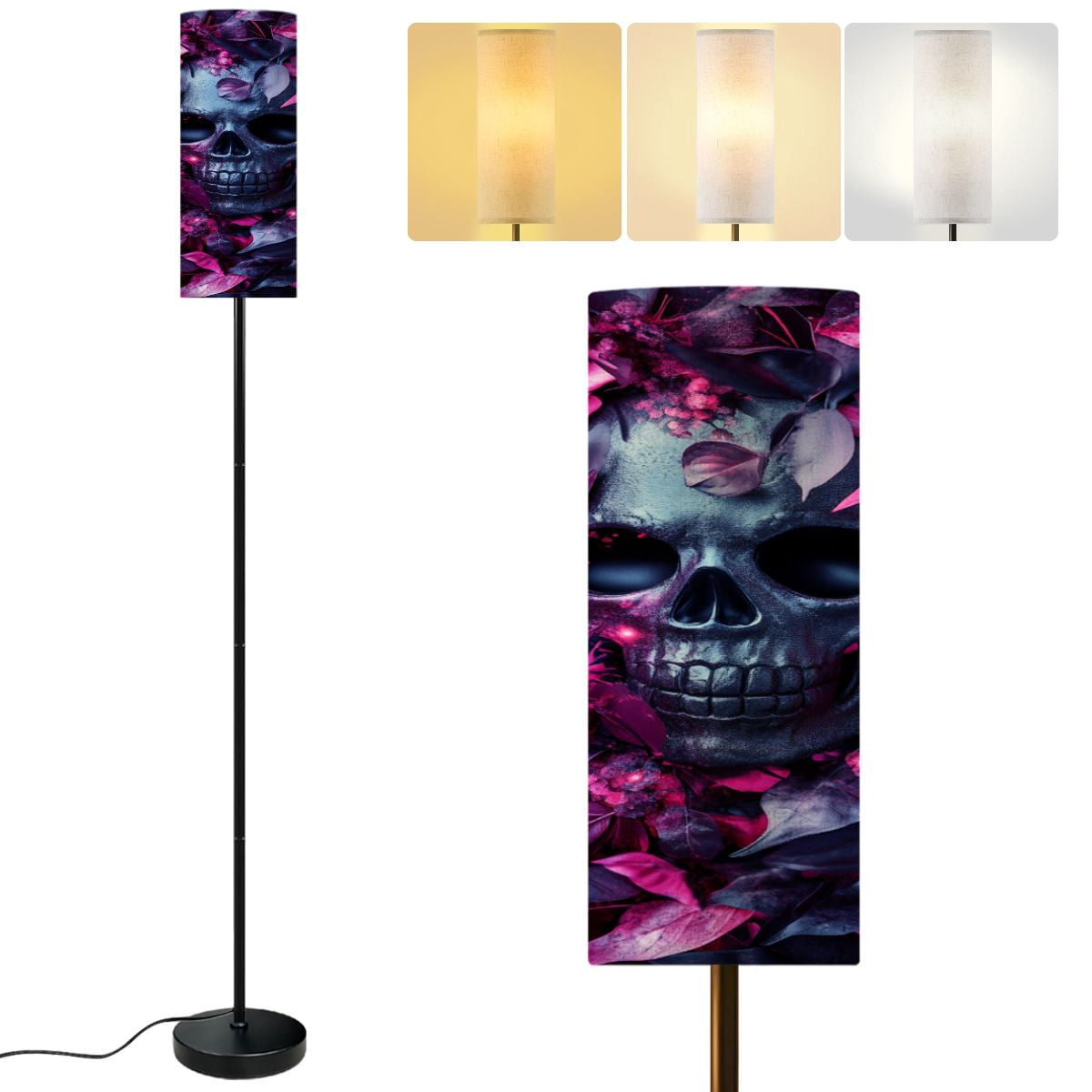 Modern Standing Floor Lamp Halloween Sugar Black Skull Pink Floral ...