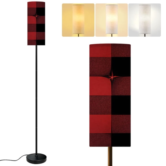 Modern Standing Floor Lamp Red Black Abstract Cracked Star Shaped Details Dimmable Metal Pole Lamp with Linen Lampshade for Living Room LED Bulb Included