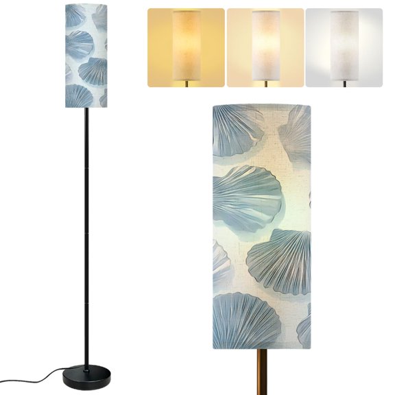 Modern Standing Floor Lamp Soft Blue Shell Elegant Ridges Texture Dimmable Metal Pole Lamp with Linen Lampshade for Living Room LED Bulb Included
