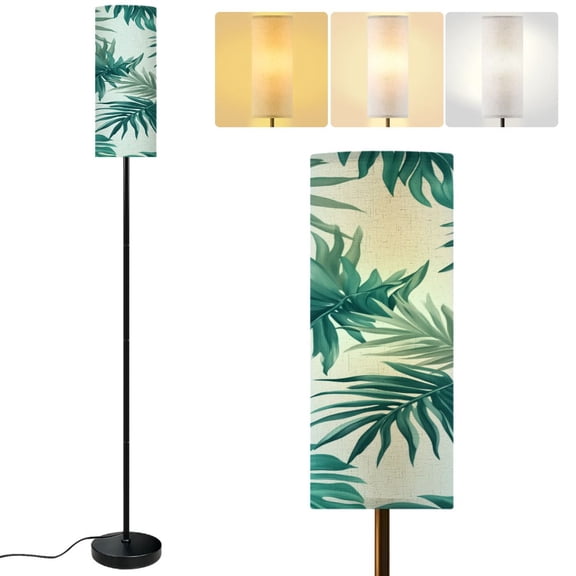 Modern Standing Floor Lamp Tropical Green Monstera Leaf Soft Dimmable Metal Pole Lamp with Linen Lampshade for Living Room LED Bulb Included