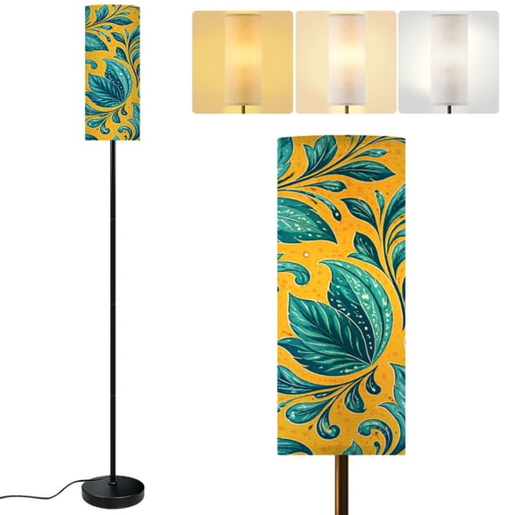 Modern Standing Floor Lamp Tropical Leaves Blue Green Swirls Yellow Dimmable Metal Pole Lamp with Linen Lampshade for Living Room LED Bulb Included