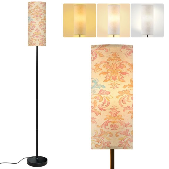 Modern Standing Floor Lamp Vintage Floral Damask Soft Pastel Colors Dimmable Metal Pole Lamp with Linen Lampshade for Living Room LED Bulb Included