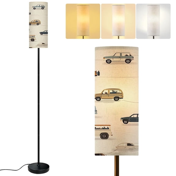 Modern Standing Floor Lamp Vintage Vehicles Seamless Retro Cars Trucks Motorcycles Earth Tone Dimmable Metal Pole Lamp with Linen Lampshade for Living Room LED Bulb Included