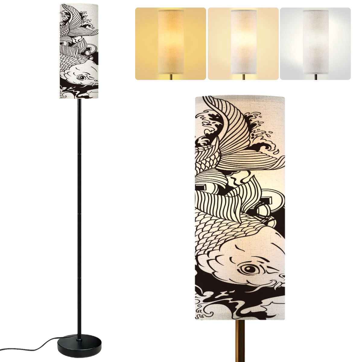 View of Modern Standing Floor Lamp japanese carp gold fish swimming pond feng ...