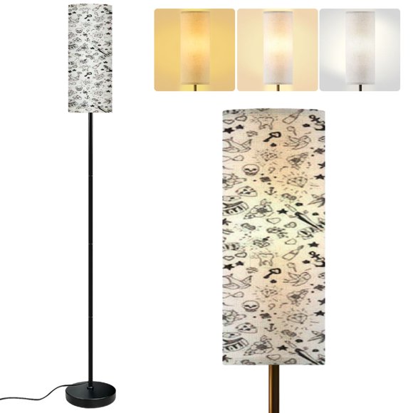 Modern Standing Floor Lamp old school tattoos elements pattern Dimmable Metal Pole Lamp with Linen Lampshade for Living Room LED Bulb Included