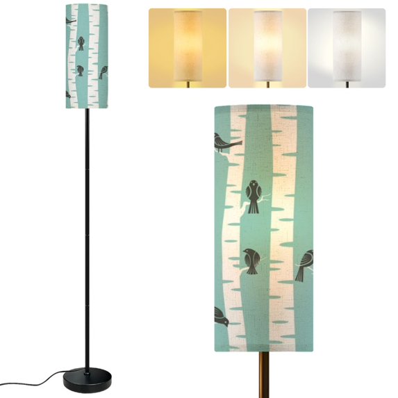 Modern Standing Floor Lamp seamless birds trees Dimmable Metal Pole Lamp with Linen Lampshade for Living Room LED Bulb Included