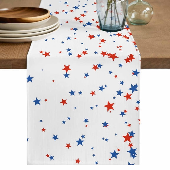 Modern Stars 4th of July Table Runner, Independence Day Watercolor Washable Cotton Linen Table Runners 120 Inches Long, Dresser Scarf Runner for Dining/Living Room/Kitchen/Square Tables 13''x120''