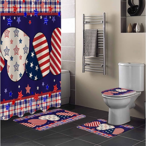 Modern Stars and Stripes USA Flag 4PCS Shower Curtains Set with Toilet Lid Cover Non-Slip Rugs, Independence Day Waterproof Shower Curtain Set for Bathroom with 12 Hooks 72x72 In
