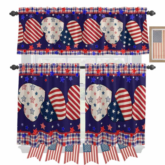 Modern Stars and Stripes USA Flag Kitchen Curtains Valances 3 Piece Set, Independence Day Rod Pocket Tier Curtain and Valance Drapes for Small Window 36 Inch Length for Bedroom Cafe
