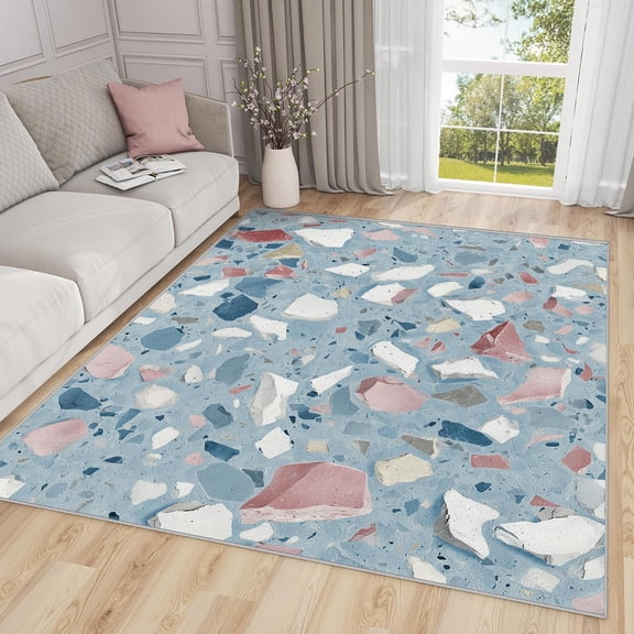 Modern Stone Area Rugs, Grey Terrazzo Minimalist Carpet, Washable Non Slip Low Pile Soft Rug for Living Room Bedroom Decor Mat 5x8ft