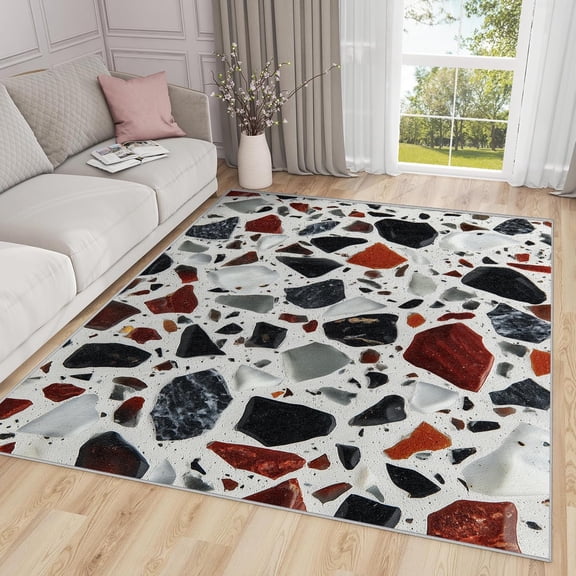Modern Stone Area Rugs, Terrazzo Multicolor Pattern Carpet, Washable Non Slip Low Pile Soft Rug for Living Room Bedroom Decor Mat 4x6ft