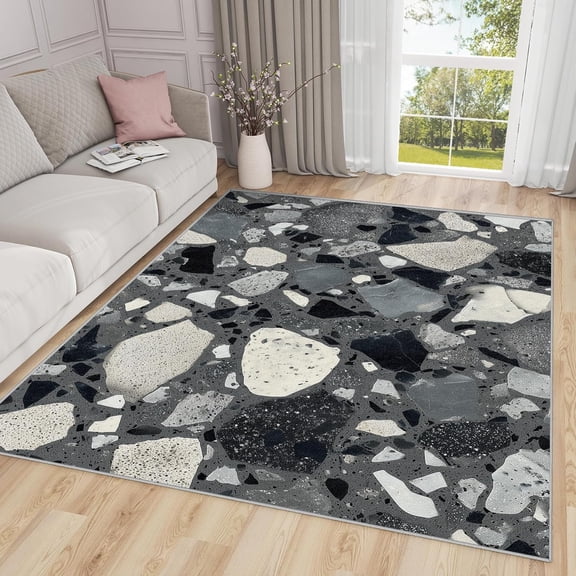 Modern Stone Area Rugs, Terrazzo Multicolor Pattern Carpet, Washable Non Slip Low Pile Soft Rug for Living Room Bedroom Decor Mat 5x7ft