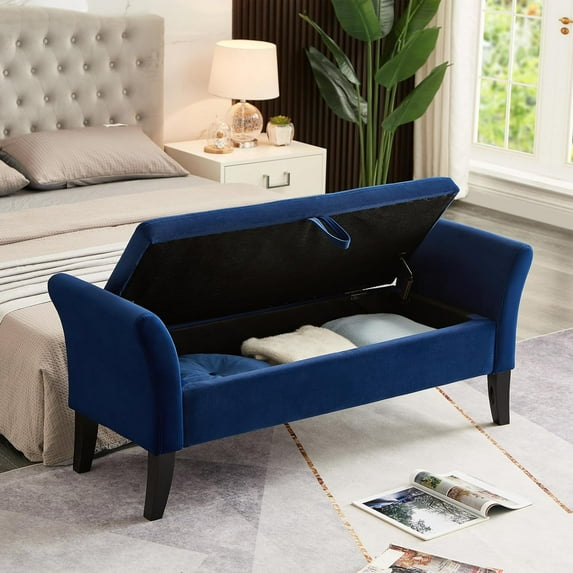Modern Storage Bench, 51" Velvet Tufted Ottoman Bench, Upholstered Bed Bench with Storage Box for End of Bed, Wood Legs Entryway Bench with Safety Hinge for Living Room Bedroom, Blue