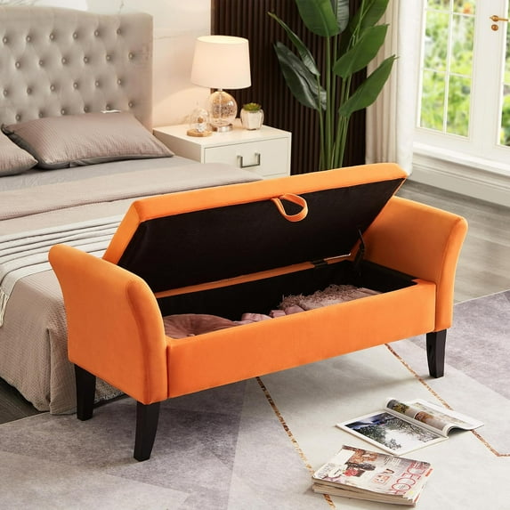 Modern Storage Bench, 51" Velvet Tufted Ottoman Bench Wood Legs, Upholstered Bed Bench with Storage Box for End of Bed, Entryway Bench with Safety Hinge for Living Room Bedroom, Orange