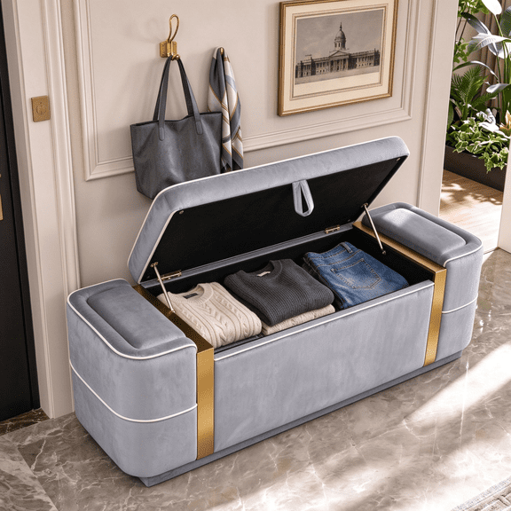 Modern Storage Bench, Upholstered Ottoman Bench with Hidden Storage, Velvet Bed End Bench, Entryway Shoe Bench for Living Room Bedroom, Grey