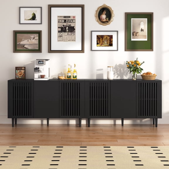 Modern Storage Cabinet, 94.4" Buffet Cabinet with 6 DIY Doors and Adjustable Shelf, Sideboard Coffee Bar with Solid Wood Feet for Kitchen,Dining Room,Living Room,Black