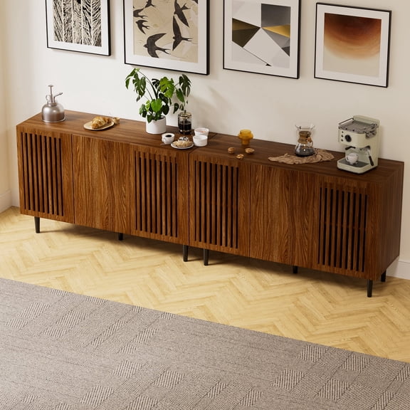 Modern Storage Cabinet, 94.4" Buffet Cabinet with 6 DIY Doors and Adjustable Shelf, Sideboard Coffee Bar with Solid Wood Feet for Kitchen,Dining Room,Living Room,Brown