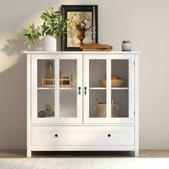 Modern Storage Cabinet, Decorative Console Table with Metal Handles, Double Glass Doors, Compartments and Drawer, Buffet Sideboard for Kitchen Dining Room Hallway Entryway, White
