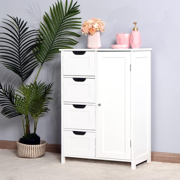 Modern Storage Cabinet with Door and 1 Adjustable Shelf, Side Storage Organizer with 1 Cupboard and 4 Drawers for Living Room, Bathroom, 21.7" L x 11.8" W x 31.9" H, White