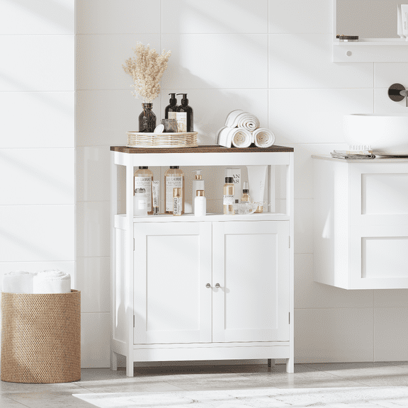 Modern Storage Cabinet with Double Doors, Free-Standing Bathroom Cabinet with Adjustable Shelf and Natural Wood Top, Multi-Purpose Organizer for Kitchen, Living Room, Bathroom or Entryway – White