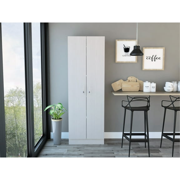 Modern Storage Cabinet With Five Shelves - White For Kitchen, Garage, Utility Room High Capacity, Easy To Install, Particle Board Double Door Living Spacious, Filled, Contemporary Style