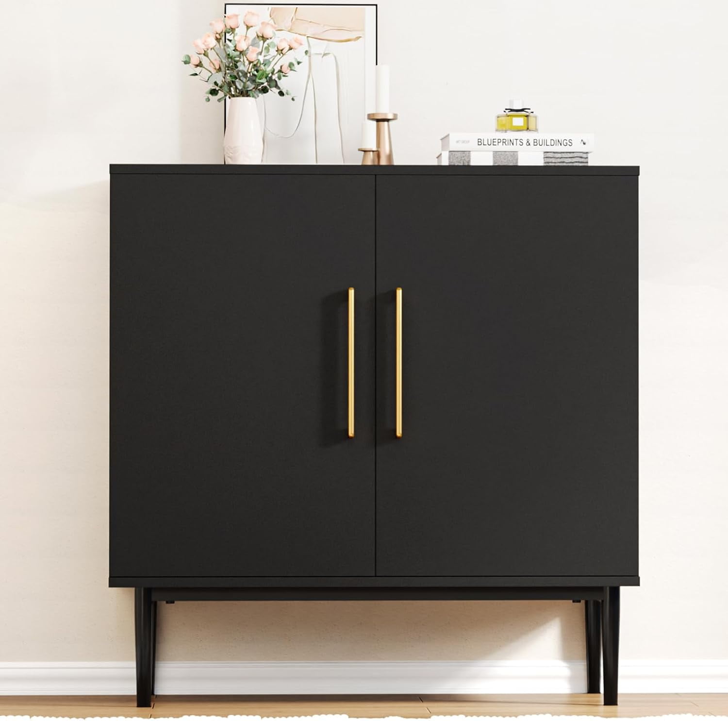 Black Modern Storage Cabinet with Metal Base and Doors