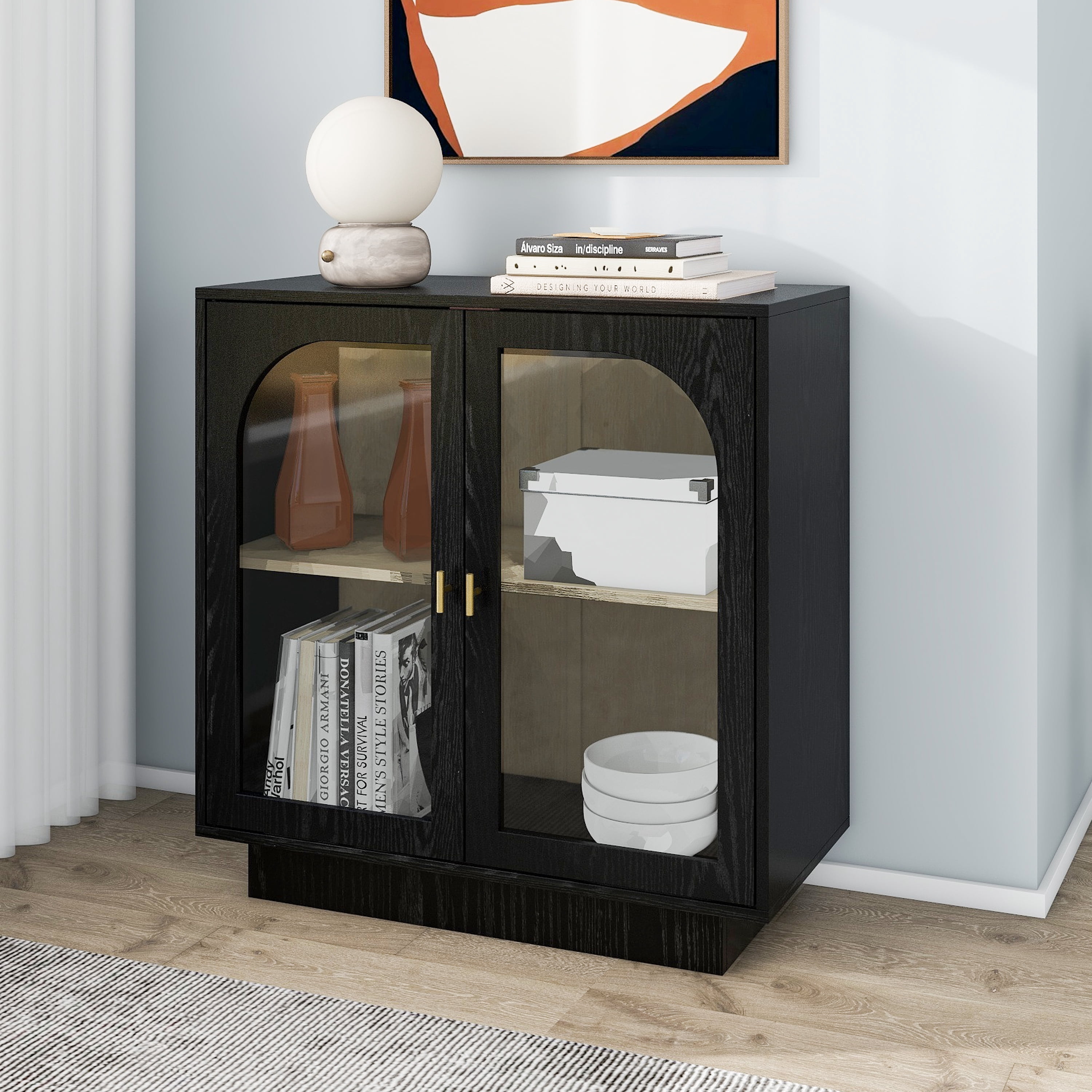 Modern Storage Cabinet, Storage Cabinet with 2 Glass Door for Living ...