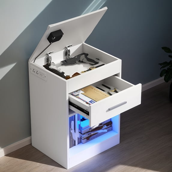 Modern Storage Cabinet w/Power Outlet & LED Light, White Nightstand for Bedroom, Hallway, Living Room, 1/3/4/6/9 Drawer Options
