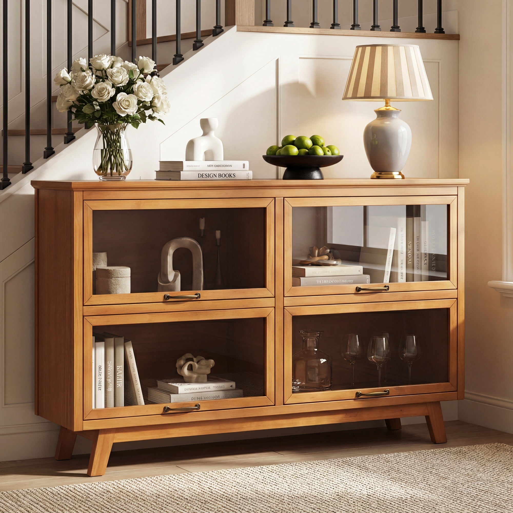 Modern Storage Cabinet with 4 Glass Doors and Wood Shelves, Display Cabinet with Antique Bronze Handles for Living Room, Natural