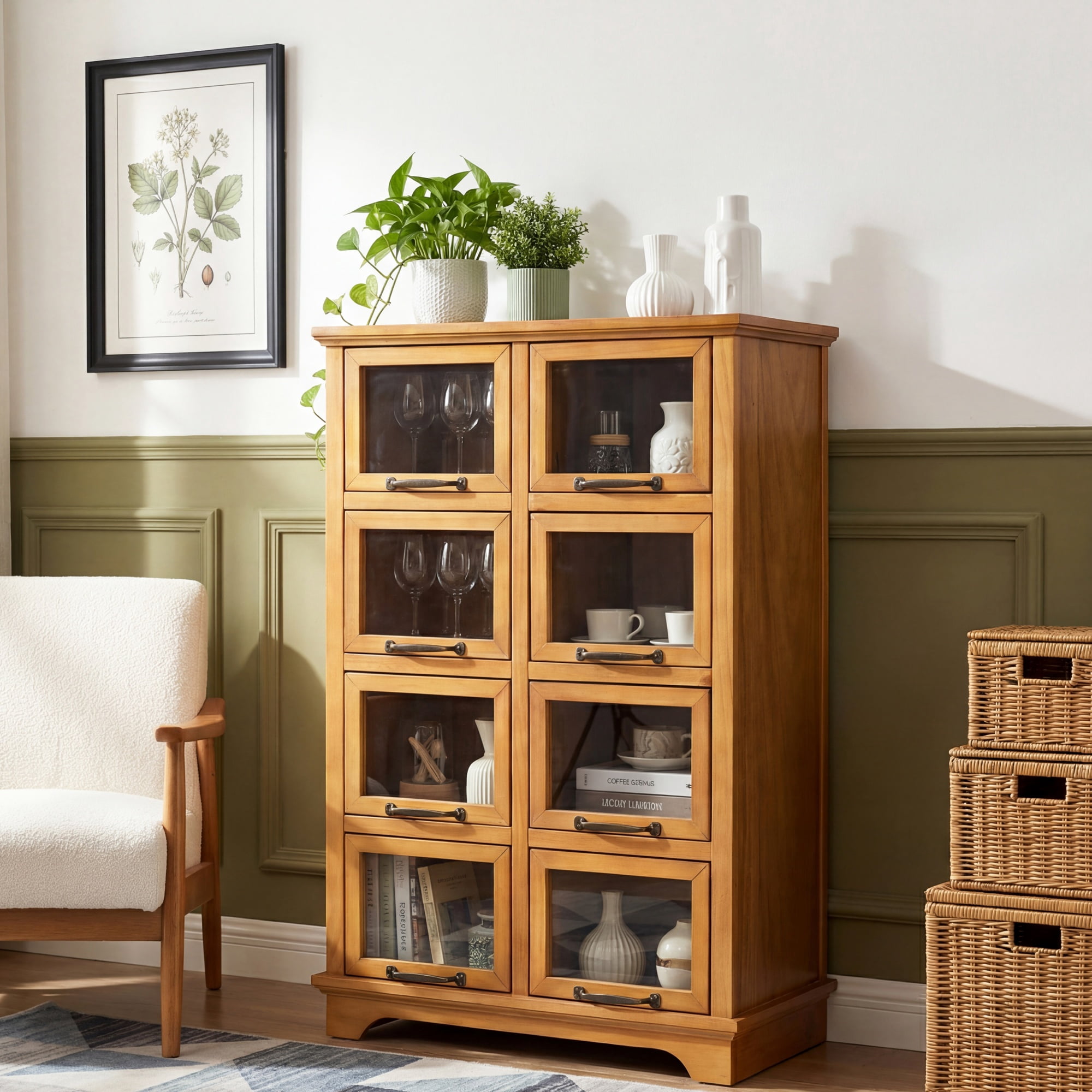 Modern Storage Cabinet with 8 Glass Doors and Wood Shelves, Display Cabinet with Antique Bronze Handles for Living Room, Natural
