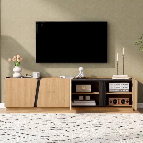 Modern Storage Cabinet with Rounded Corners and Marble Contrast Top, 75-Inch TV Stand with Adjustable Shelves for Living Room, Oak