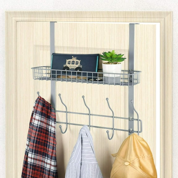 Modern Storage Holder Over The Door With Hooks Basket Clothes Towel Rack Silver