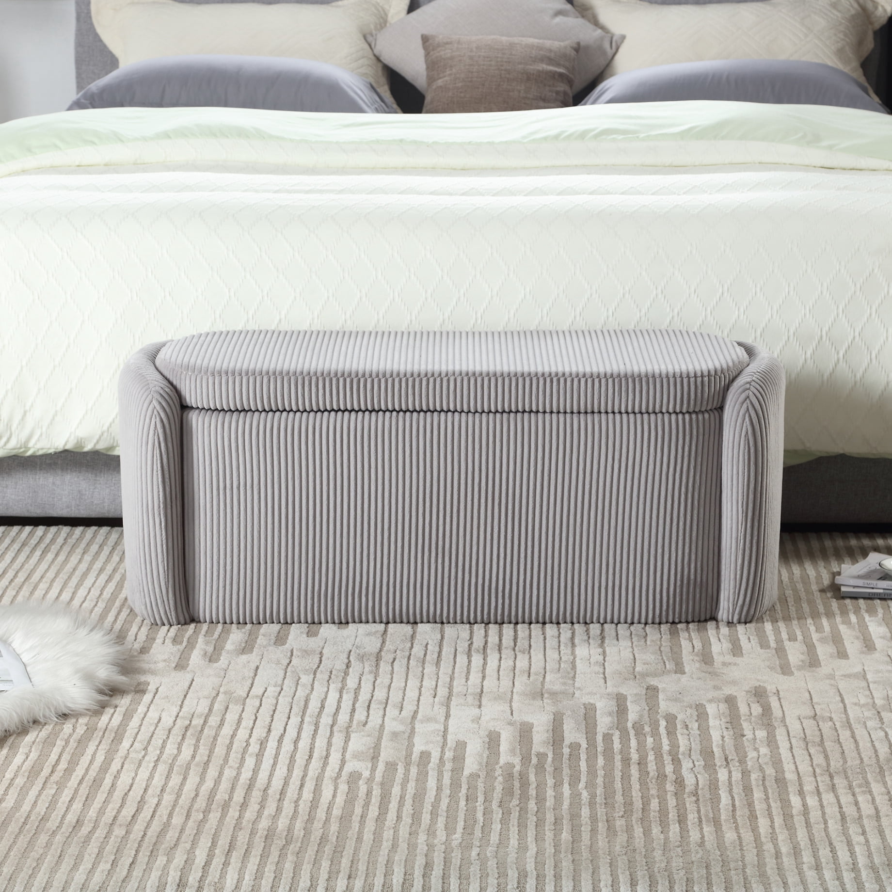 43.8" Storage Ottoman Bench With Soft Boucle Upholstery - Foot Stool For Bedroom, Living Room, Gray